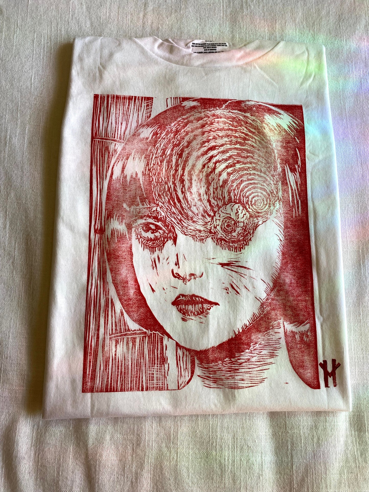 Uzumaki Spiral Red Linoleum Printed T-shirt