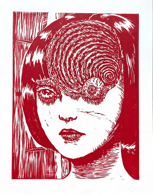 Uzumaki Spiral Red Linoleum Print