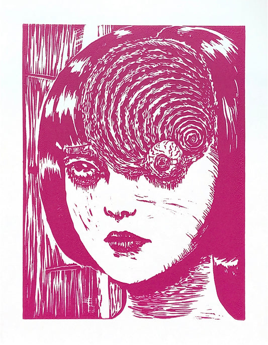 Uzumaki Spiral Pink Linoleum Print