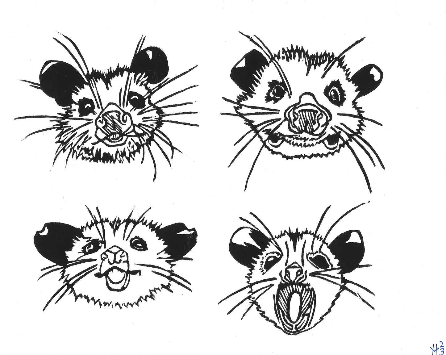 4 Possums Linoleum Print