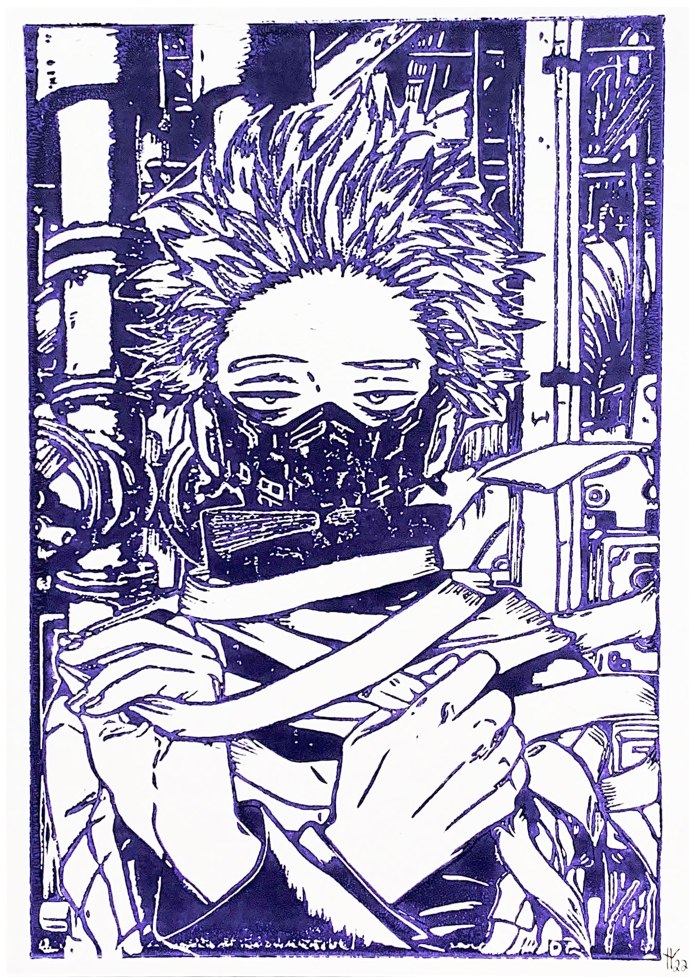 Sleepy Purple Hero Linoleum Print